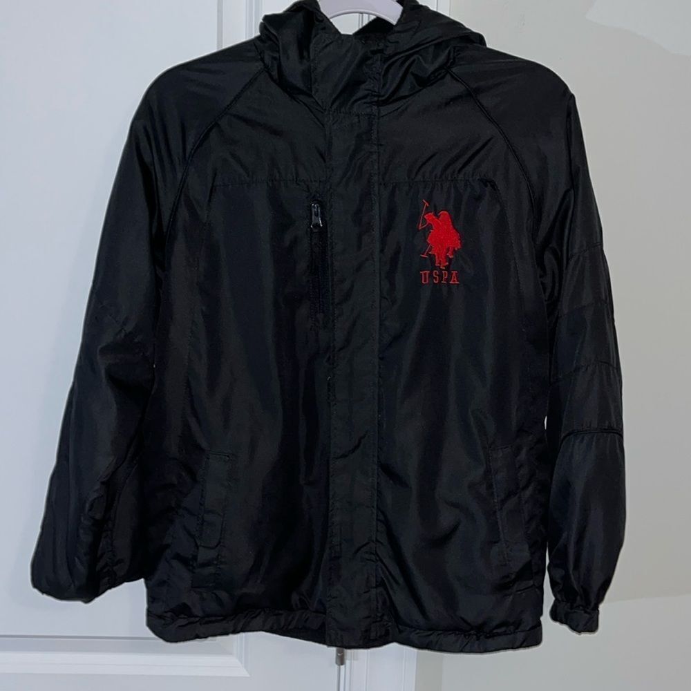 US Polo 🎁 Assoc Black Fleece zipper hooded reversible jacket L 14/16 youth kids